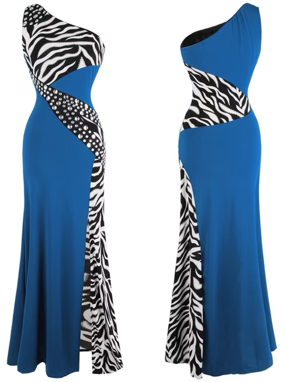 NWT- One-Shoulder Blue and Zebra Print Evening Dress size small